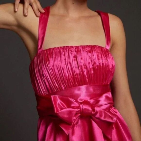 Anthropologie - Hot Pink Fuchsia Satin Mini Bow Tie Dress by Maeve size 4 - Picture 2 of 7